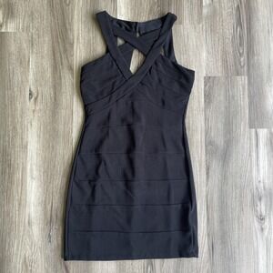 Y2K Black Bandage Body Con‎ Revenge Club Wear Mini Dress Size 7 Halter Cut Outs
